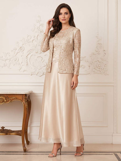 Ligne A/Princesse 2-Pièce Scoop Manches Longues Longueur Cheville Robes Mère de la Mariée avec Appliqué & Veste