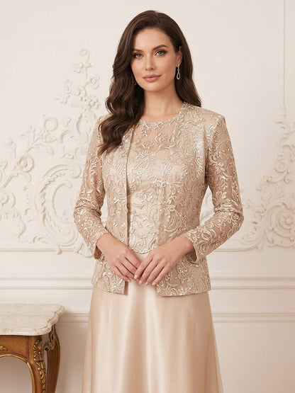Ligne A/Princesse 2-Pièce Scoop Manches Longues Longueur Cheville Robes Mère de la Mariée avec Appliqué & Veste