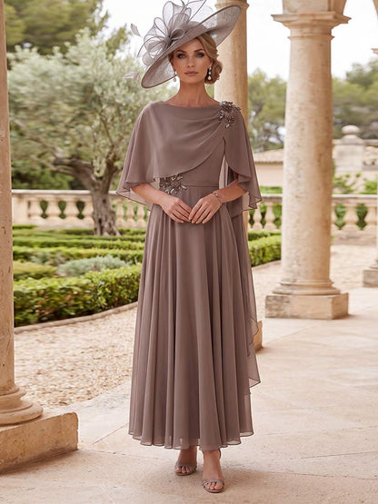 Ligne A/Princesse  Col Bateau Manches Courtes Longueur Cheville Robes Mère de la Mariée avec Dentelle & Strass