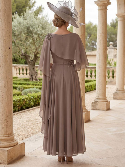Ligne A/Princesse  Col Bateau Manches Courtes Longueur Cheville Robes Mère de la Mariée avec Dentelle & Strass