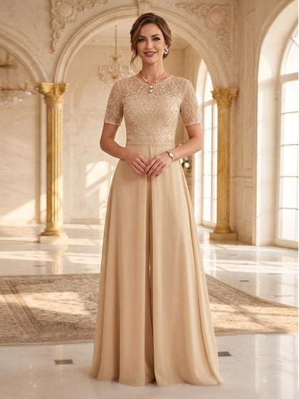 Combinaison Scoop Manches Courtes Longueur au Sol Robes Mère de la Mariée avec Paillettes & Appliqué