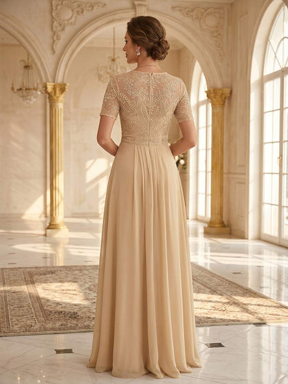 Combinaison Scoop Manches Courtes Longueur au Sol Robes Mère de la Mariée avec Paillettes & Appliqué
