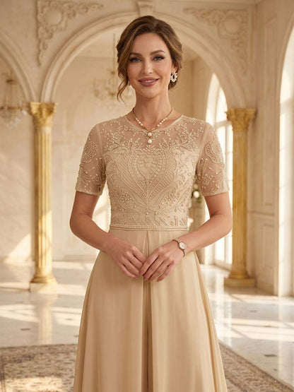 Combinaison Scoop Manches Courtes Longueur au Sol Robes Mère de la Mariée avec Paillettes & Appliqué