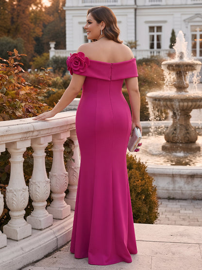 Robe grande taille pour mère de la mariée coupe trompette/sirène, épaules dénudées, sans manches, longueur au sol, avec motifs floraux en 3D