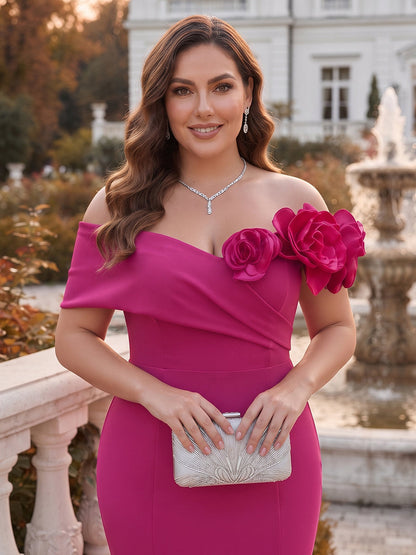 Robe grande taille pour mère de la mariée coupe trompette/sirène, épaules dénudées, sans manches, longueur au sol, avec motifs floraux en 3D