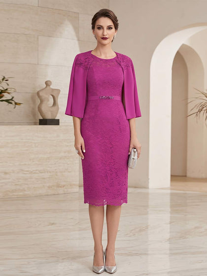 Gaine/Colonne 2-Pièce Scoop Manches Longues Longueur Genou Robes Mère de la Mariée avec Appliqué