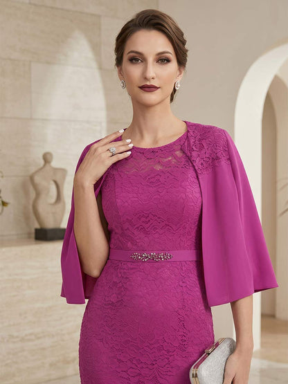 Gaine/Colonne 2-Pièce Scoop Manches Longues Longueur Genou Robes Mère de la Mariée avec Appliqué
