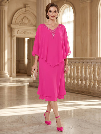 Gaine/Colonne Col en V Manches Flottantes Longueur du Thé Robes Mère de la Mariée avec Ruchée & Perles