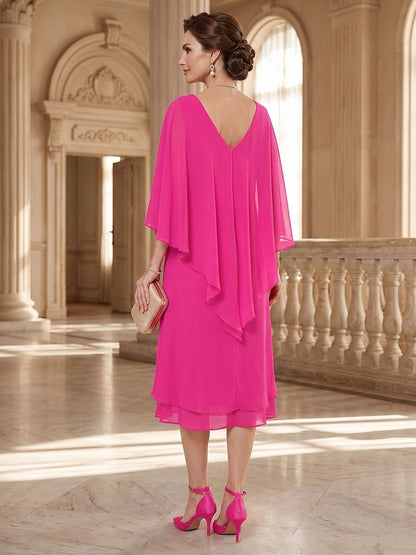 Gaine/Colonne Col en V Manches Flottantes Longueur du Thé Robes Mère de la Mariée avec Ruchée & Perles