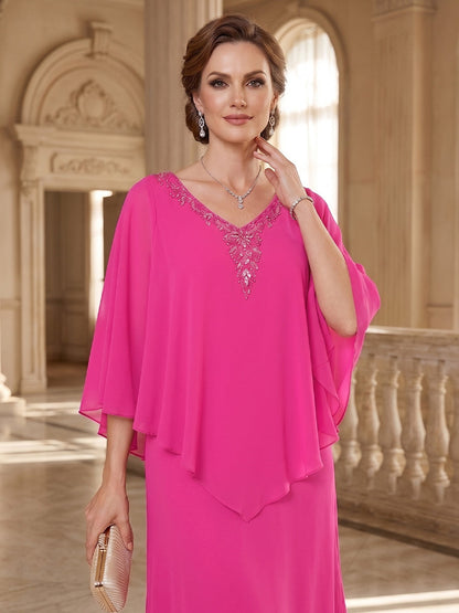 Gaine/Colonne Col en V Manches Flottantes Longueur du Thé Robes Mère de la Mariée avec Ruchée & Perles