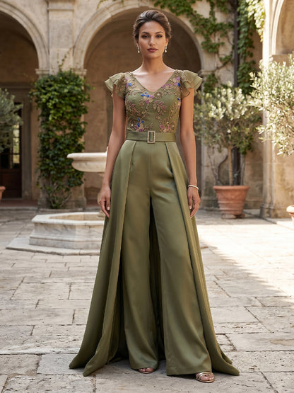 Combinaison Col en V Manches Flottantes Longueur au Sol Robes Mère de la Mariée avec Ceinture & Appliqué