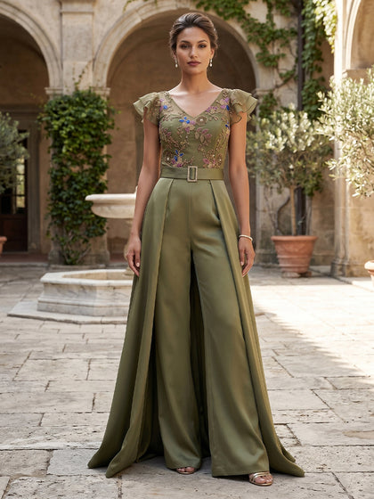 Combinaison Col en V Manches Flottantes Longueur au Sol Robes Mère de la Mariée avec Ceinture & Appliqué