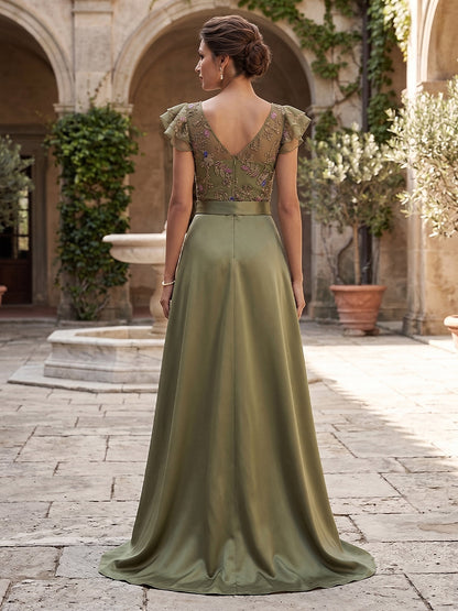 Combinaison Col en V Manches Flottantes Longueur au Sol Robes Mère de la Mariée avec Ceinture & Appliqué