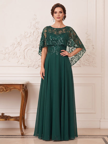 Robe Mère de la Mariée Coupe A-Ligne/Princesse Col Rond à Manches Courtes Longueur Sol avec Appliques et Perles