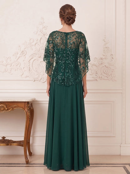 Ligne A/Princesse Scoop Manches Courtes Longueur au Sol Robes Mère de la Mariée avec Appliqué & Perles
