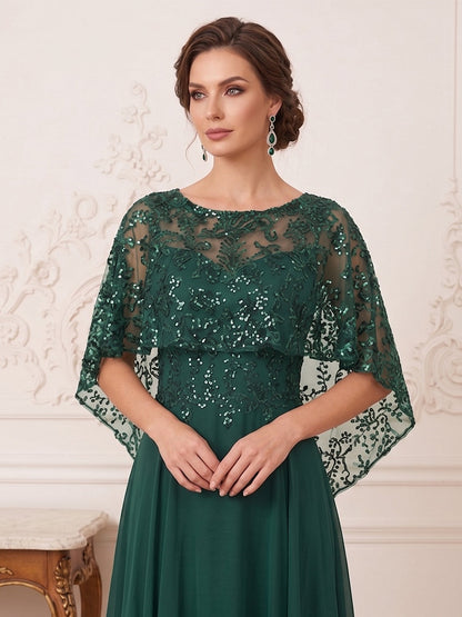 Ligne A/Princesse Scoop Manches Courtes Longueur au Sol Robes Mère de la Mariée avec Appliqué & Perles