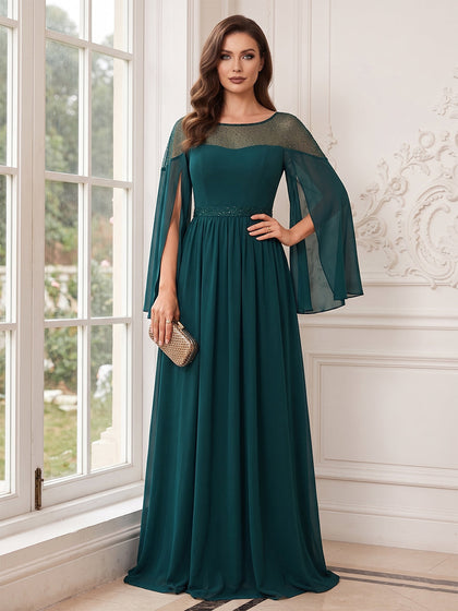 Robe Mère de la Mariée Coupe A-Ligne/Princesse à Manches Longues, Col Rond, Longueur Sol avec Plis