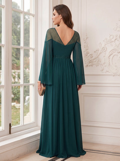 Ligne A/Princesse Manches Longues Col Rond Longueur au Sol Robes Mère de la Mariée avec Plis