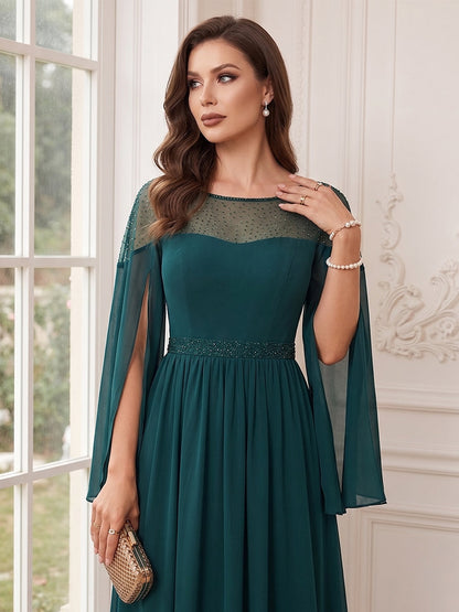Ligne A/Princesse Manches Longues Col Rond Longueur au Sol Robes Mère de la Mariée avec Plis
