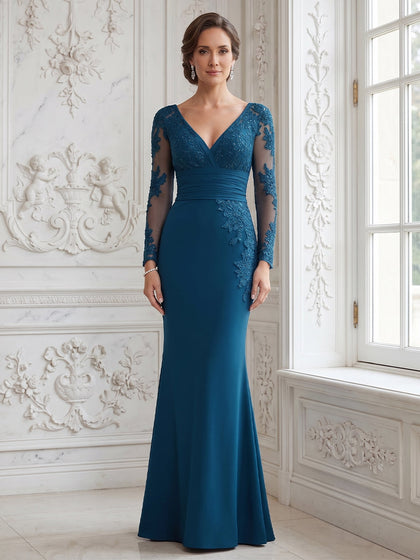 Trompette/Sirène Col en V Manches Longues Longueur au Sol Robes Mère de la Mariée avec Dentelle & Appliques
