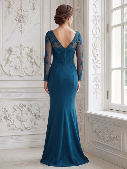 Trompette/Sirène Col en V Manches Longues Longueur au Sol Robes Mère de la Mariée avec Dentelle & Appliques
