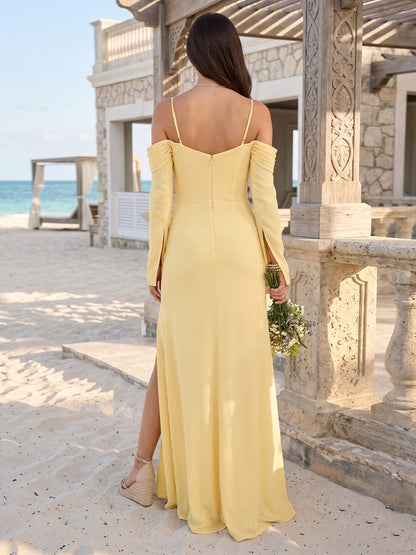Gaine/Colonne Hors de l'épaule Manches Longues Longueur du sol Robes de Demoiselle d'Honneur avec Ruchée & Côté Divisé