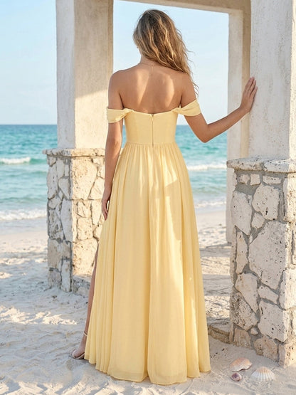 Ligne A/Princesse Hors de l'épaule Sans Manches Longueur du sol Robes de Demoiselle d'Honneur avec Ruchée & Côté Divisé