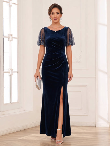 Gaine/Colonne Scoop Manches Flottantes Longueur au Sol Robes Mère de la Mariée avec Côté Divisé & Perles