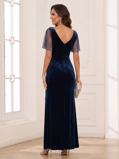 Gaine/Colonne Scoop Manches Flottantes Longueur au Sol Robes Mère de la Mariée avec Côté Divisé & Perles