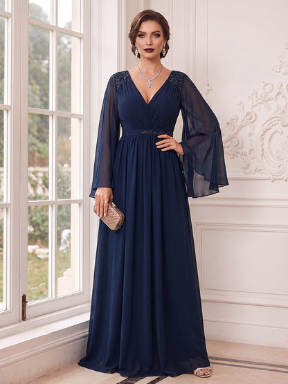 Ligne A/Princesse Col en V Manches Flottantes Longueur au Sol Robes Mère de la Mariée avec Dentelle & Appliqué