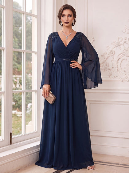 Robe Mère de la Mariée Coupe A-Ligne/Princesse Col en V à Manches Papillon, Dentelle et Appliques