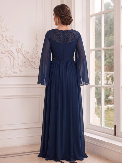 Ligne A/Princesse Col en V Manches Flottantes Longueur au Sol Robes Mère de la Mariée avec Dentelle & Appliqué