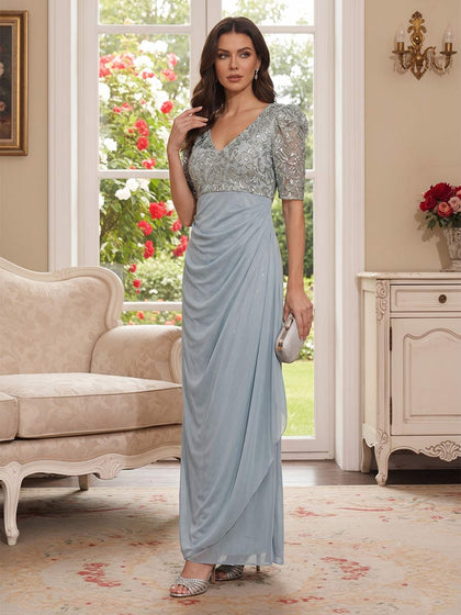 Gaine/Colonne Col en V Demi-manches Longueur Cheville Robes Mère de la Mariée avec Appliqué & Volants