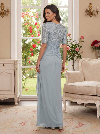 Gaine/Colonne Col en V Demi-manches Longueur Cheville Robes Mère de la Mariée avec Appliqué & Volants