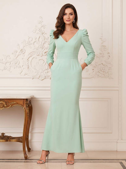 Trompette/Sirène Col en V Manches Longues Longueur Cheville Robes Mère de la Mariée avec Plis