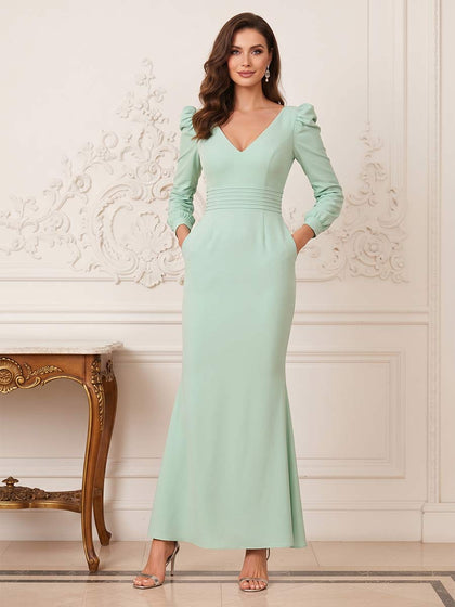 Trompette/Sirène Col en V Manches Longues Longueur Cheville Robes Mère de la Mariée avec Plis