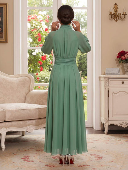 Ligne A/Princesse Col Haut Manches Longues Longueur Cheville Robes Mère de la Mariée avec Foulard & Ruchée