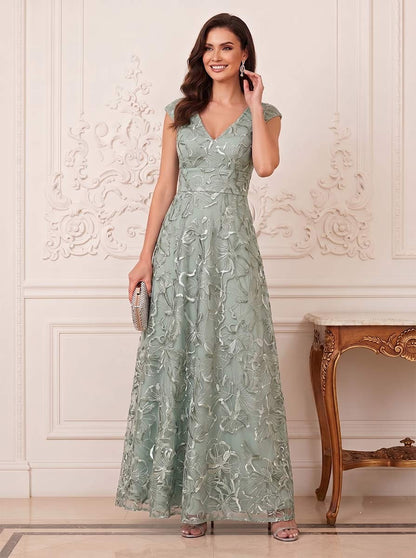 Ligne A/Princesse Col en V Mancherons Longueur du sol Robes Mère de la Mariée avec Appliqué