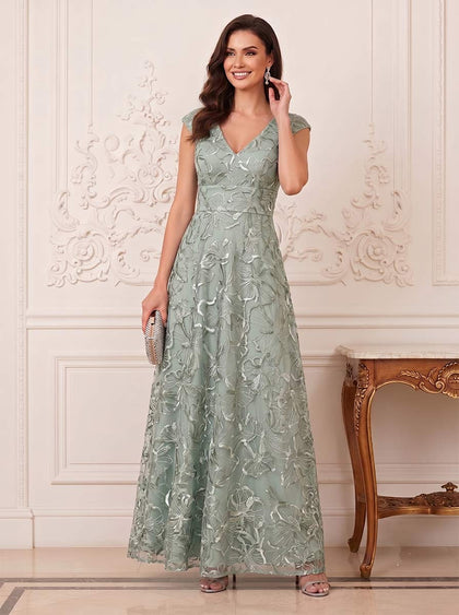 Robes Mère de la Mariée Ligne A/Princesse à Col en V, Mancherons, Longueur Sol avec Appliques