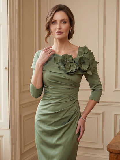 Gaine/Colonne Asymétrique Longueur Thé 3/4 Manches Robes Mère de la Mariée avec Florale 3D & Plissée