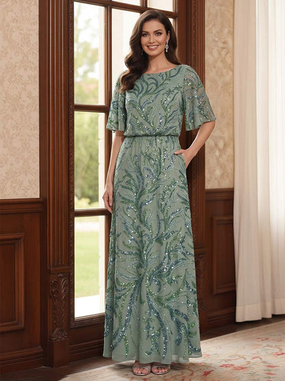 Gaine/Colonne Scoop Manches Flottantes Longueur du sol Robes Mère de la Mariée avec Paillettes