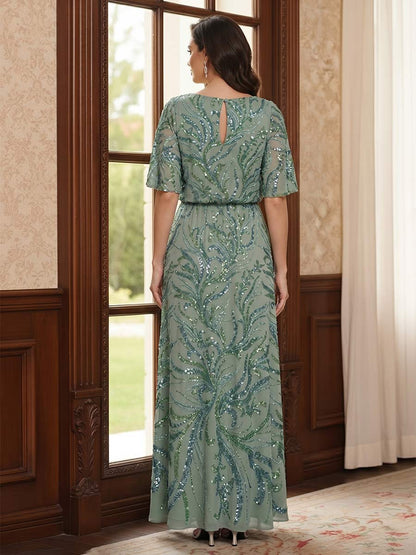 Gaine/Colonne Scoop Manches Flottantes Longueur du sol Robes Mère de la Mariée avec Paillettes