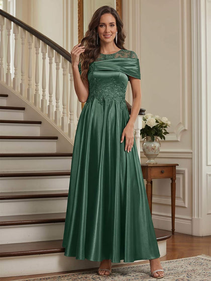 Robes Mère de la Mariée Ligne A/Princesse Longueur Cheville, Col Rond, Manches Courtes avec Perles & Plis