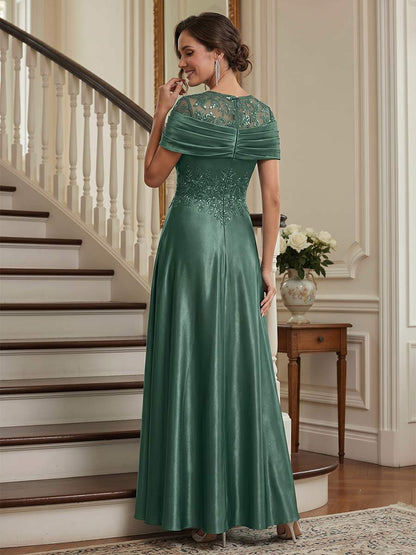 Robes Mère de la Mariée Ligne A/Princesse Longueur Cheville, Col Rond, Manches Courtes avec Perles & Plis