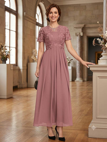 Robes Mère de la Mariée Ligne A/Princesse Longueur Cheville, Col Rond, Manches Courtes avec Appliques & Plis
