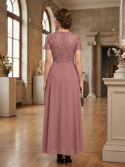Ligne A/Princesse Scoop Manches Courtes Longueur Cheville Robes Mère de la Mariée avec Appliqué & Plissée