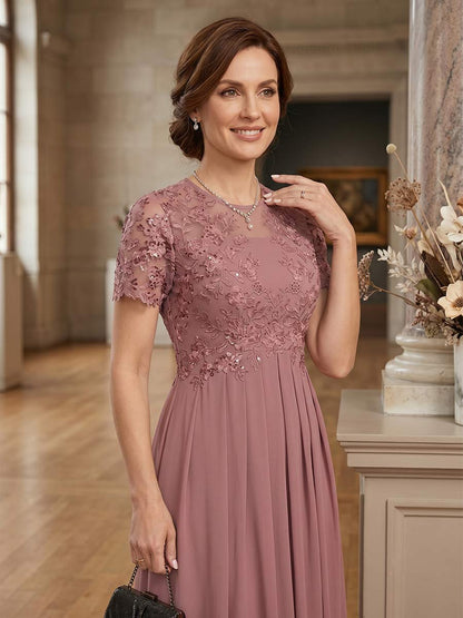 Ligne A/Princesse Scoop Manches Courtes Longueur Cheville Robes Mère de la Mariée avec Appliqué & Plissée