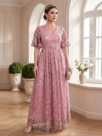 Ligne A/Princesse Col en V Manches Courtes Longueur du sol Robes Mère de la Mariée avec Dentelle & Ceinture