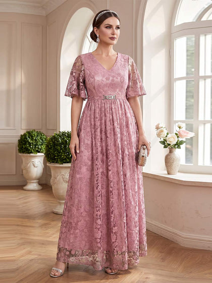 Robes Mère de la Mariée Ligne A/Princesse à Col en V, Manches Courtes, Longueur Sol avec Dentelle & Ceinture