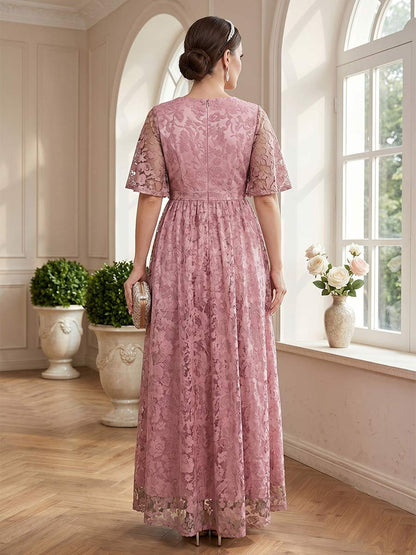 Ligne A/Princesse Col en V Manches Courtes Longueur du sol Robes Mère de la Mariée avec Dentelle & Ceinture